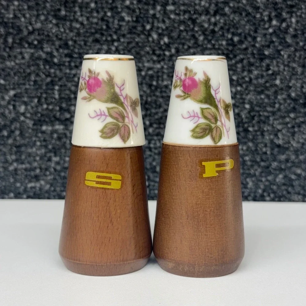 Vintage Nevco Japan Wood and Ceramic Floral Salt and Pepper Shakers Set MCM Rose